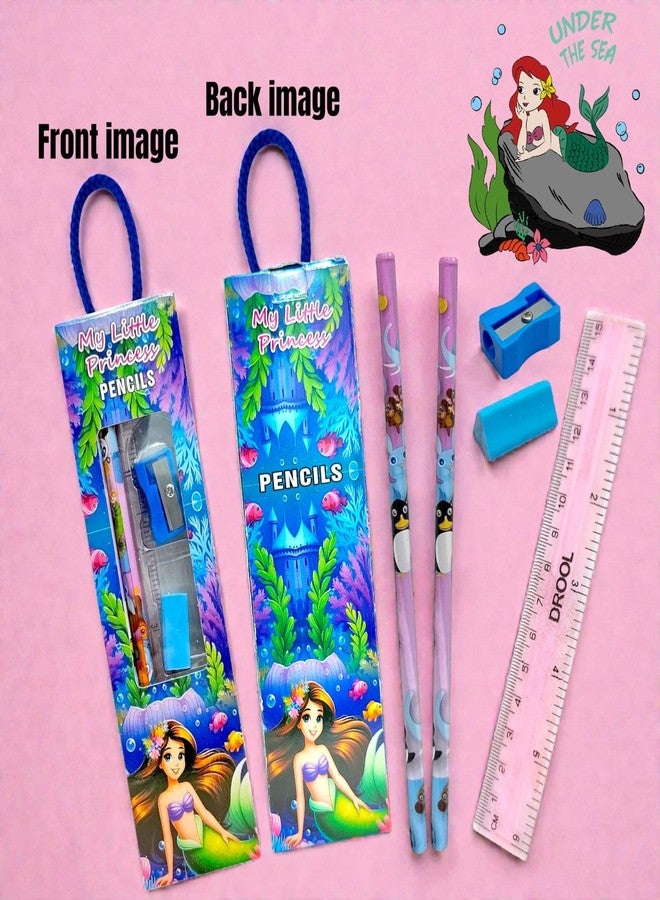 TERA13 Cute Mermaid Stationery Set for Girls | School Supplies Gift Set for Kids | Cartoon Printed Pencils, Eraser, Sharpener, Scale | Birthday Return Gift for Boys & Girls (10 Pcs) - Image 3